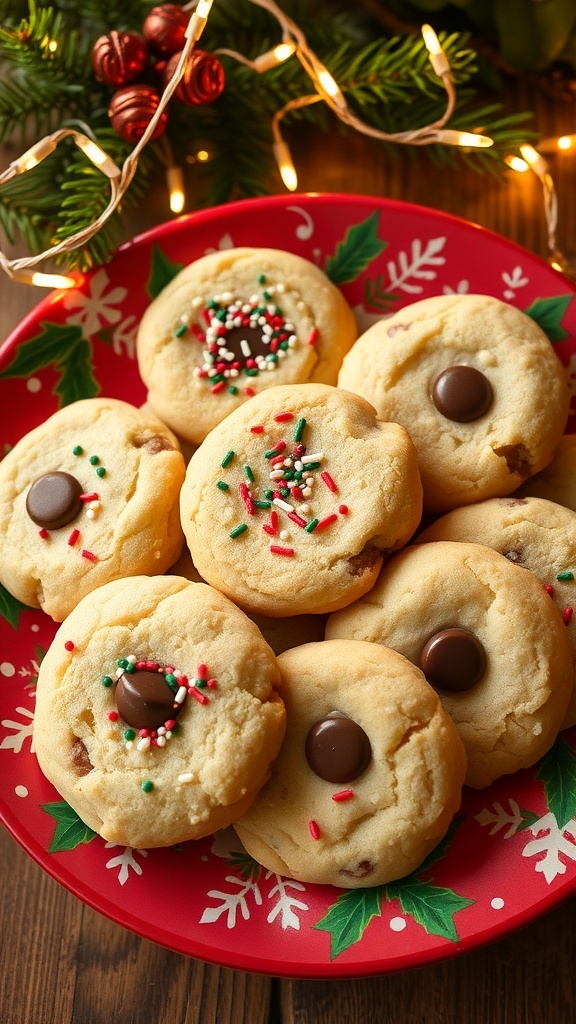 90s Christmas Cookie Recipe A plate of 90s Christmas cookies with sprinkles and chocolate chips, set against a festive background.